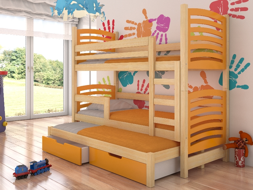 Patrová dětská postel 180x75 cm Stanislava (s roštem a matrací) (borovice + oranžová)
