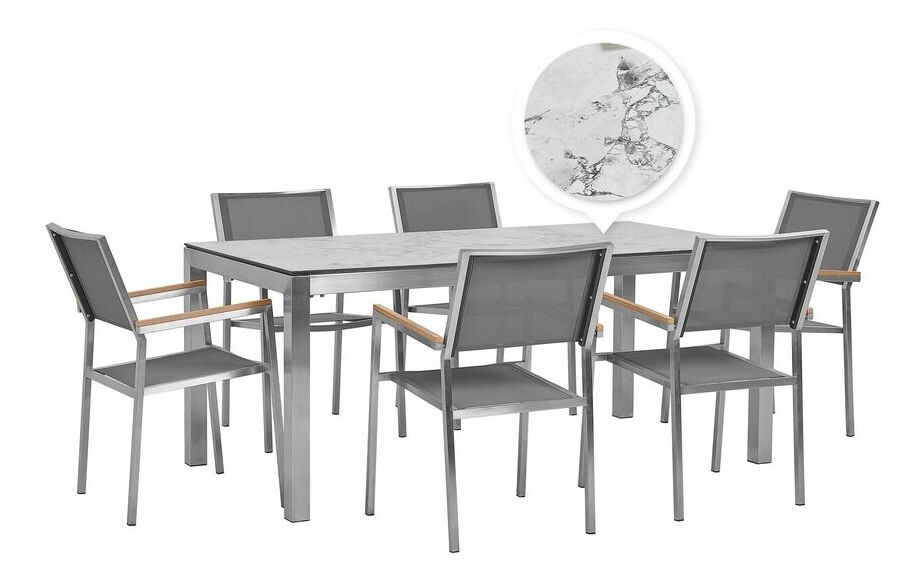Zahradní set GROSSO (mramor) (laminát HPL) (šedé židle) (pro 6 osob)