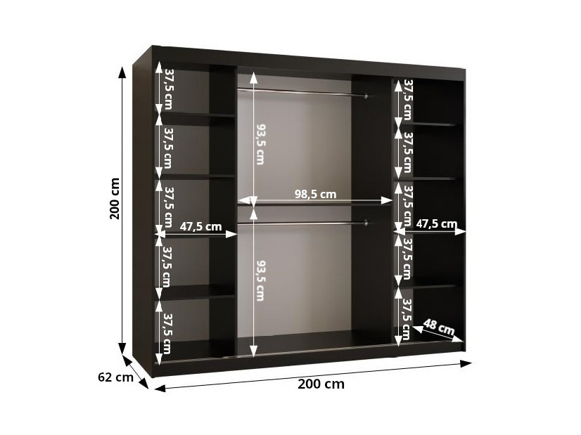 Šatní skříň Riven 2 200 (matná černá) (se zrcadlem)
