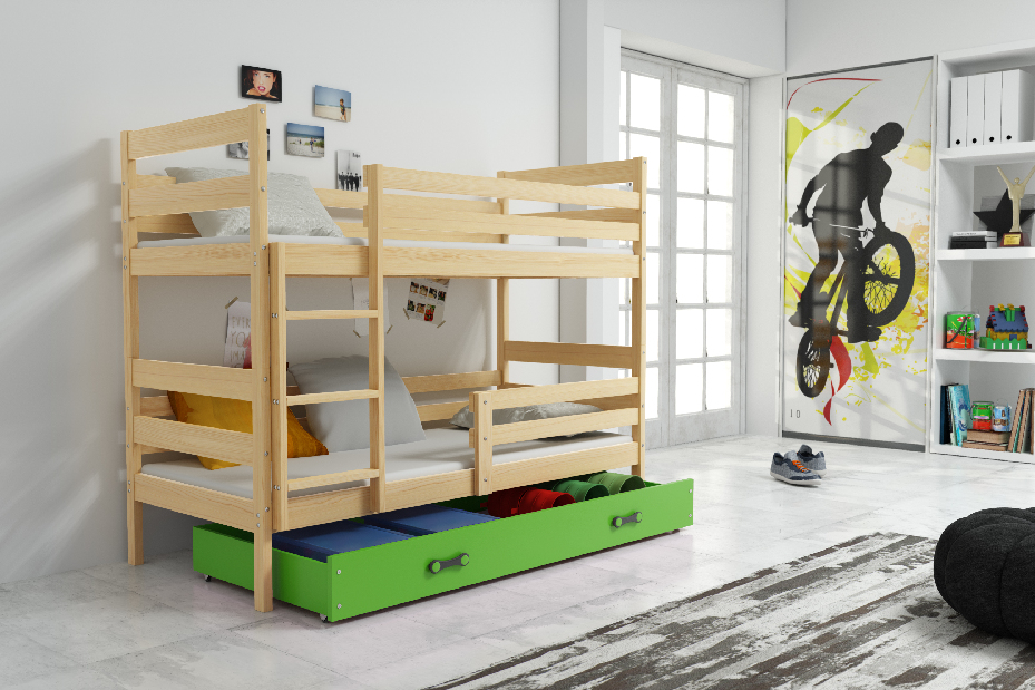 Patrová postel 80 x 160 cm Eril B (borovice + zelená) (s rošty, matracemi a úl. prostorem)