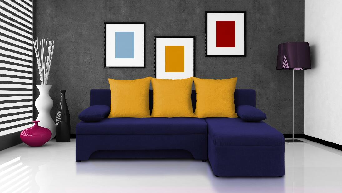 Rohová sedačka Saline tmavomodrá + žluté polštáře (2 úložné prostory, pěna) *výprodej