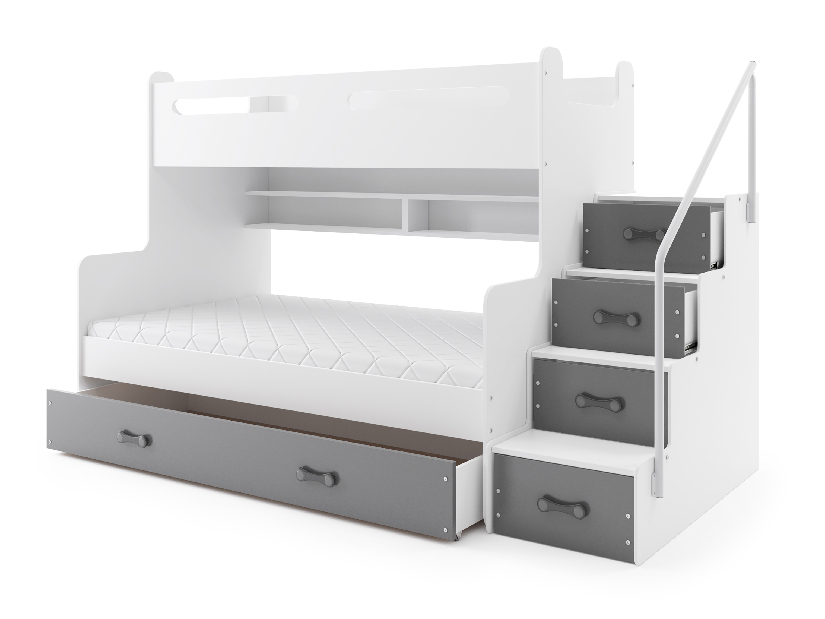 Patrová postel 120 x 200 cm Moxxo 3 (bílá + grafit) (s rošty, matracemi a úl. prostorem)