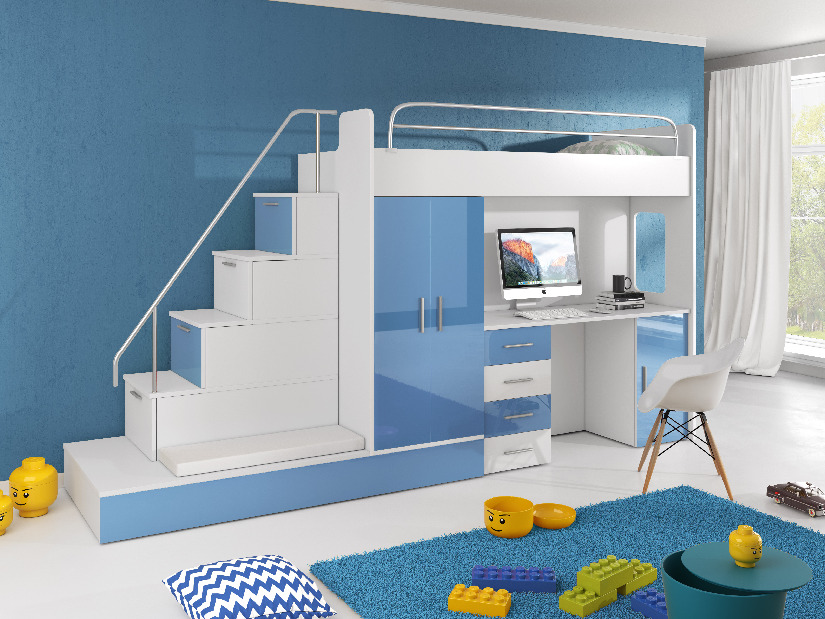 Dětská postel Ruby V (Bílá + Modrá) (s matrací a roštem)