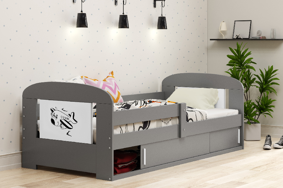 Dětská postel 80 cm Fimmo (grafit + letadlo) (s roštem, matrací a úl. prostorem)