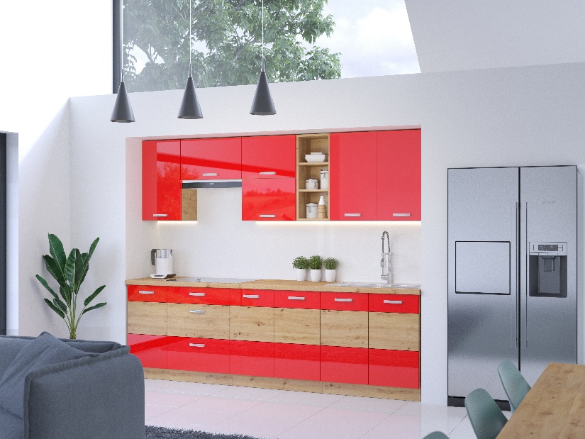 Kuchyně Arryn 260 cm (dub artisan + červená)