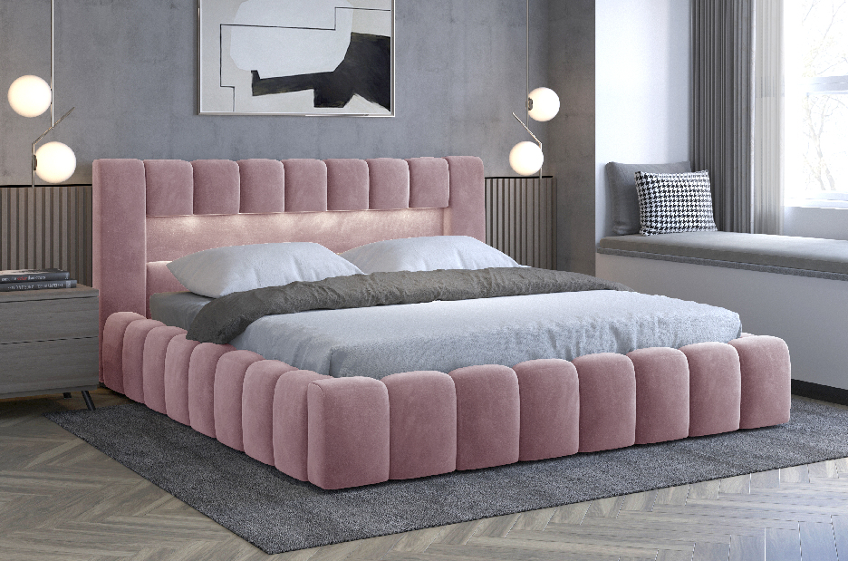 Manželská postel 140 cm Luxa (růžová) (s roštem, úl. prostorem a LED)