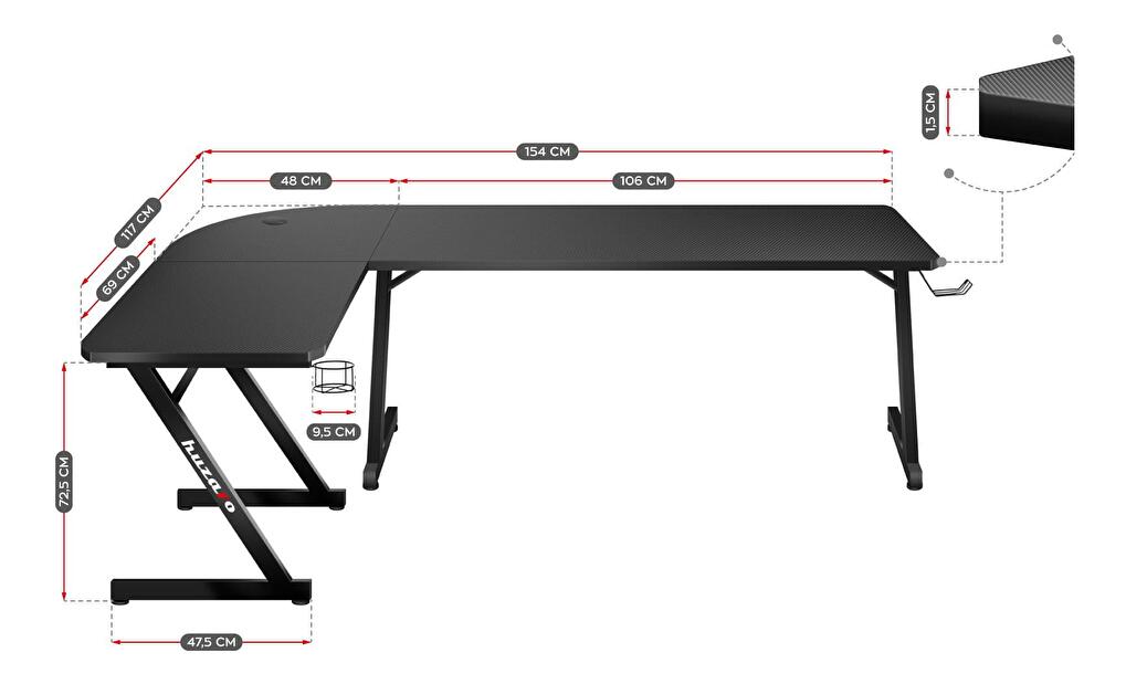 Rohový PC stolek Hyperion 7.0 (černá)