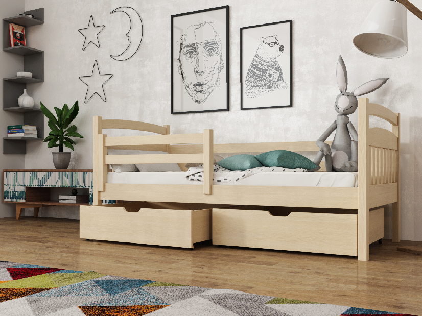 Dětská postel 90 cm Karine (s roštem a úl. prostorem) (borovice)