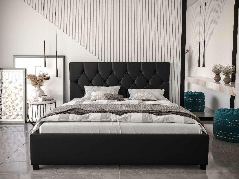 Manželská postel 140 cm Sylvie (černá) (s roštem a úložným prostorem)