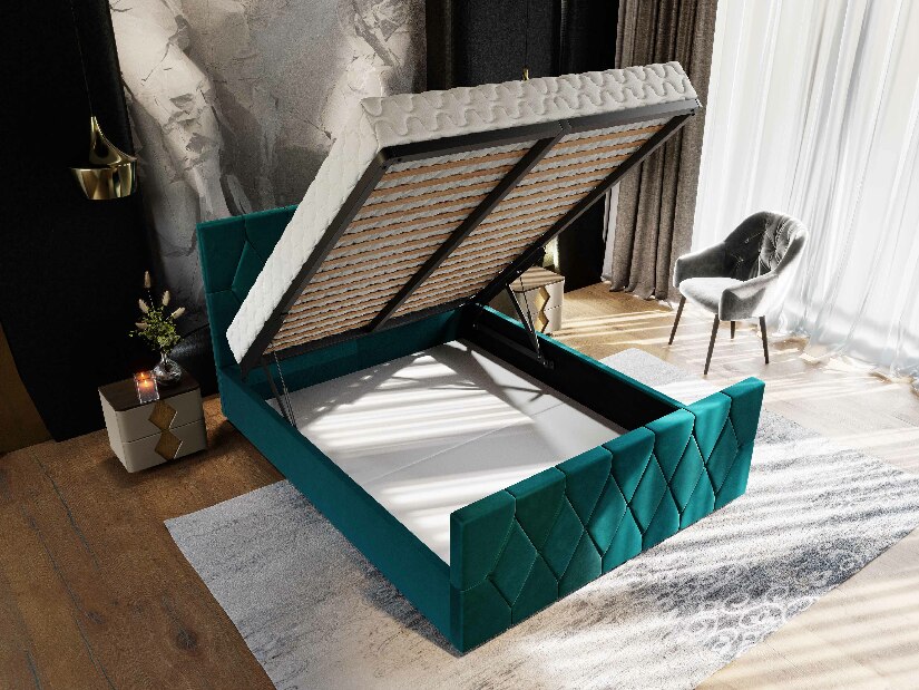 Manželská postel 140 cm Alex (tmavě zelená) (s roštem a úložným prostorem)