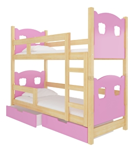 Patrová dětská postel 180x75 cm Marryann (s roštem a matrací) (borovice + růžová)