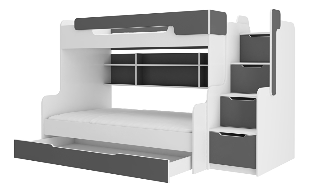 Patrová dětská postel 200x90 cm, 200x120 cm Homer (s roštem a matrací) (bílá + grafit)
