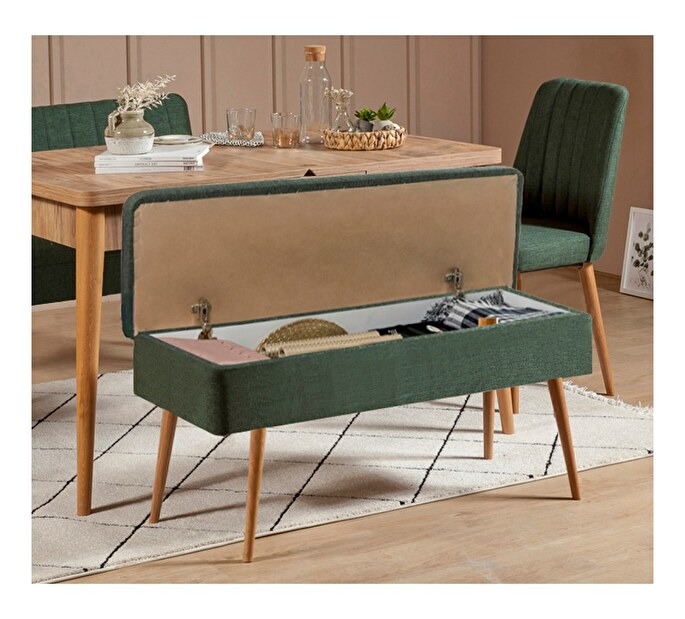 Rozkládací jídelní stůl se 2 židlemi a lavicí Vlasta (borovice antlantic + zelená)