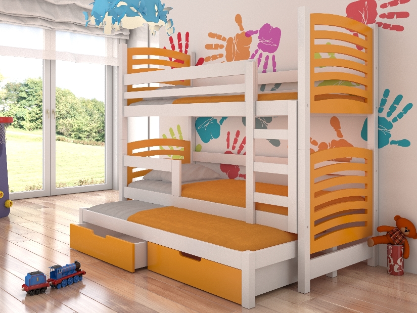Patrová dětská postel 180x75 cm Stanislava (s roštem a matrací) (bílá + oranžová)