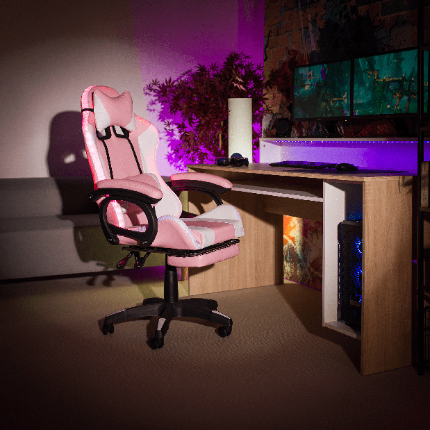 Kancelářské křeslo Juventa (s RGB LED osvícením) (růžová + bílá)