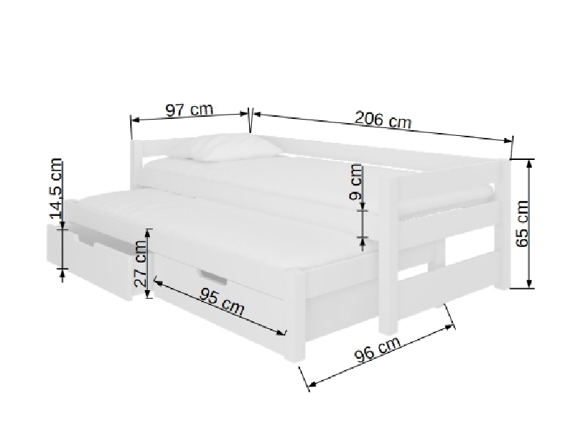 Rozkládací dětská postel 200x90 cm Fifo (s roštem a matrací) (bílá + šedá)