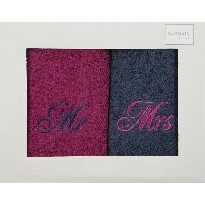 Sada ručníků 50x90 cm Mr. Mrs (amarant + tmavě modrá)