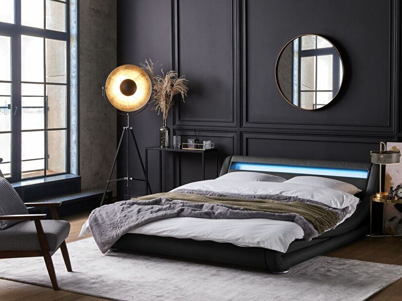 Manželská postel 140 cm AGINON (syntetická kůže) (černá) (s roštem, matrací a LED osvětlením)