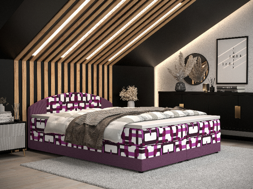 Manželská postel Boxspring 180 cm Orlando Comfort (vzor + fialová) (s matrací a úložným prostorem)