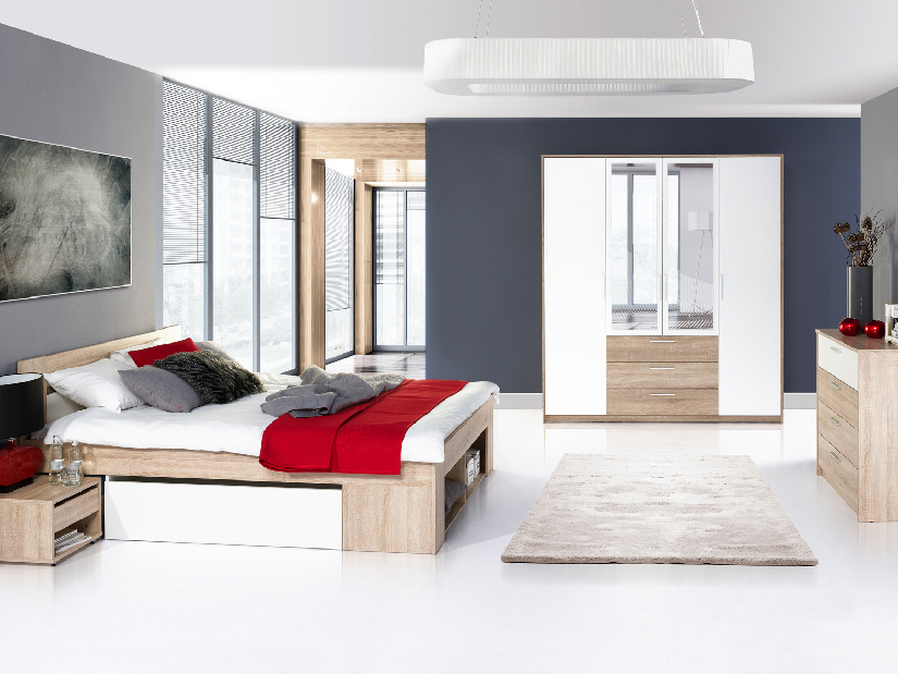 Manželská postel 140 cm Melinne 08 (dub sonoma 3D + bílá) (s úl. prostorem a noč. stolky)