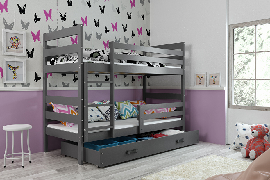 Patrová postel 90 x 200 cm Eril B (grafit + grafit) (s rošty, matracemi a úl. prostorem)