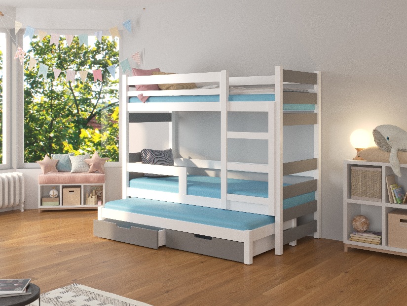 Patrová dětská postel 180x75 cm Karin (s roštem a matrací) (bílá + šedá)