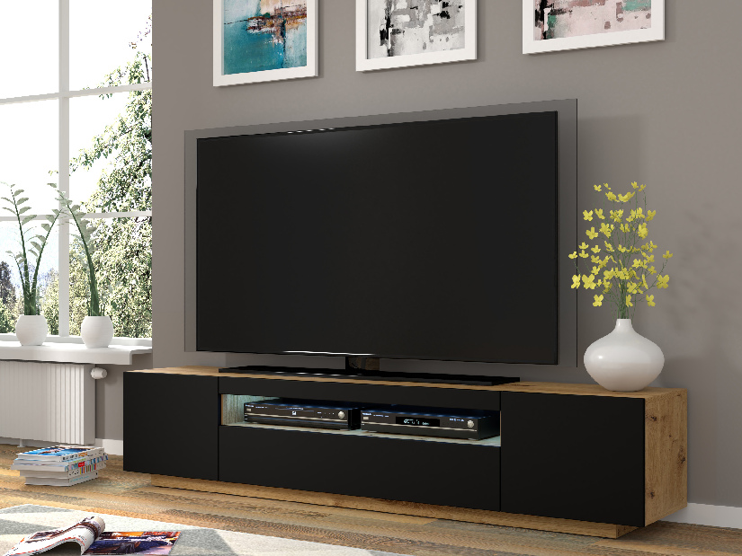 TV stolek/skříňka Aurora 200 (dub artisan + černá matná) (LED)