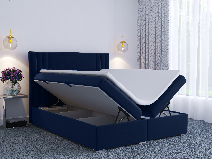 Kontinentální postel 140 cm Morcano (tmavě modrá) (s úložným prostorem)
