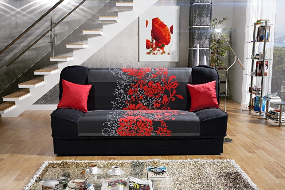 Pohovka Finka 3R (černá + červený květ) *výprodej
