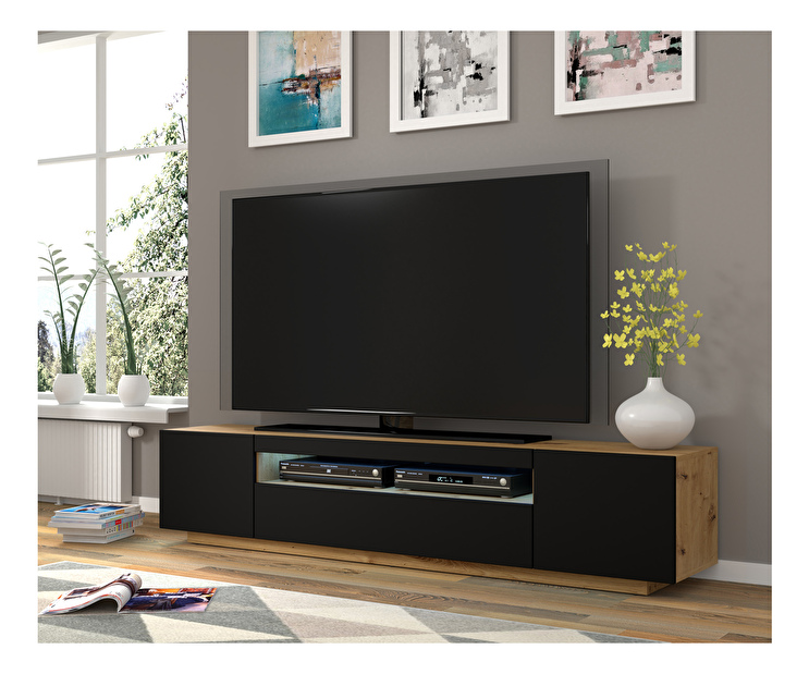TV stolek/skříňka Aurinko 200 (dub artisan + matná černá) (s osvětlením)