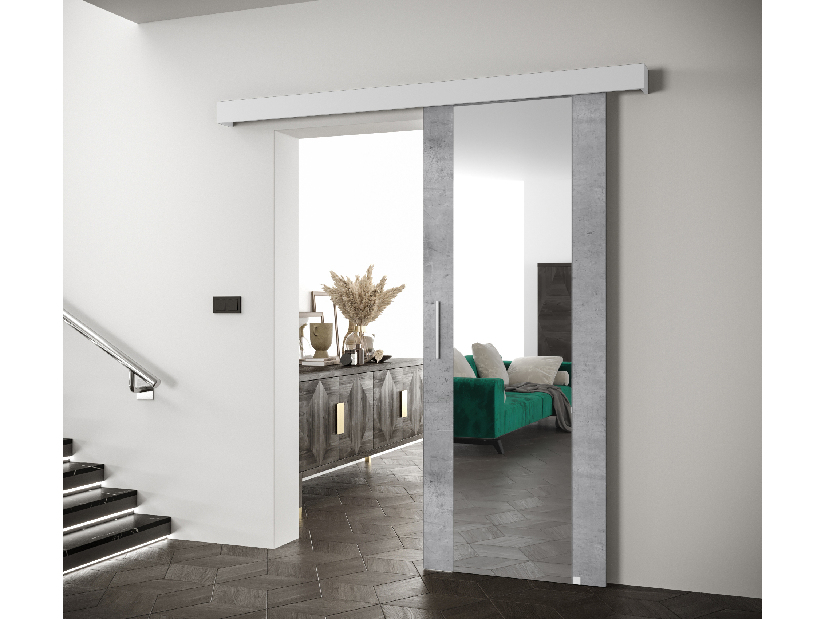 Posuvné dveře 90 cm Sharlene II (beton světlý + bílá matná + stříbrná) (se zrcadlem)