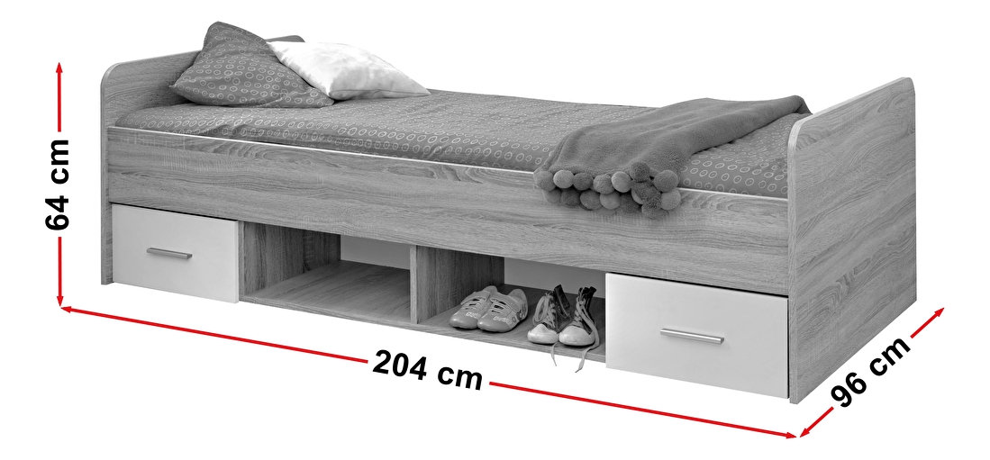 Jednolůžková postel 90 cm Daron 23 DSW DI-04 (dub sonoma + bílá) (se zásuvkami)