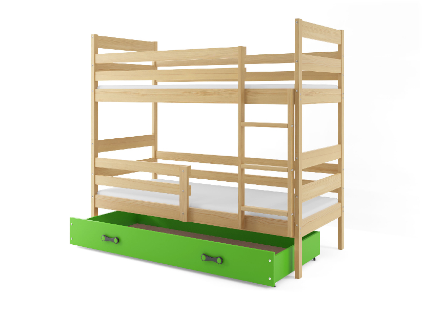 Patrová postel 80 x 160 cm Eril B (borovice + zelená) (s rošty, matracemi a úl. prostorem)