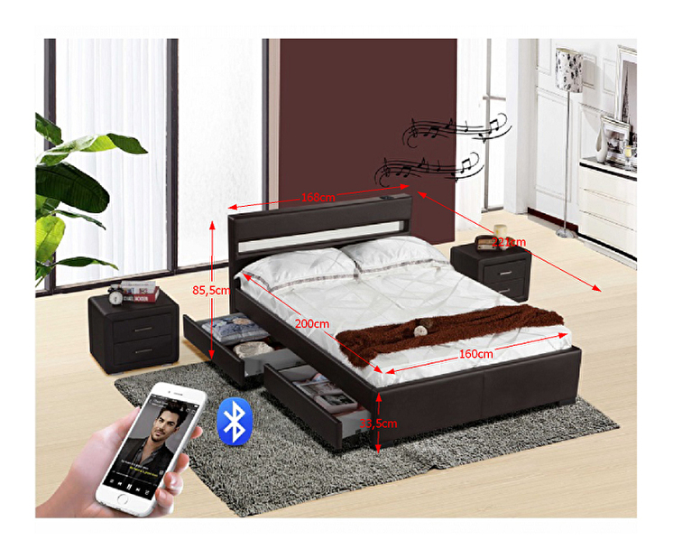 Manželská postel 160 cm Fabala (s roštem, úl. prostorem a LED)