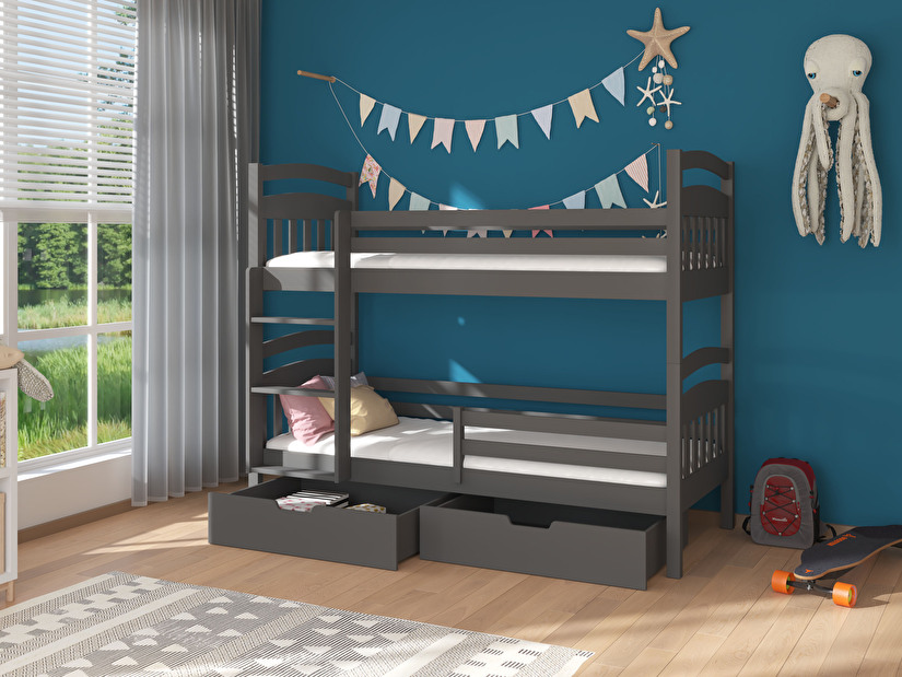 Patrová dětská postel 200x90 cm Adriana (s roštem a matrací) (grafit)