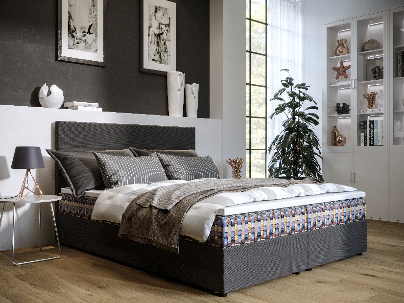 Manželská postel Boxspring 180 cm Skonto (tmavě šedá + vzor pletený) (s matrací a úložným prostorem)