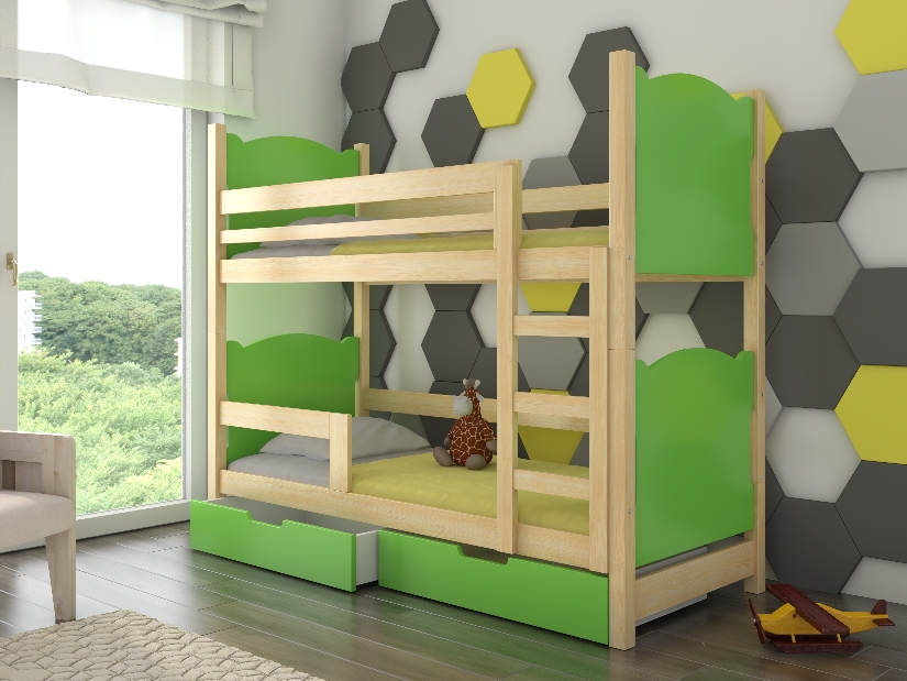Patrová dětská postel 180x75 cm Marryann (s roštem a matrací) (borovice + zelená)