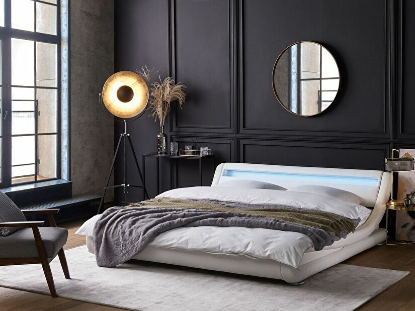 Manželská postel 140 cm AGINON (syntetická kůže) (bílá) (s roštem, matrací a LED osvětlením)