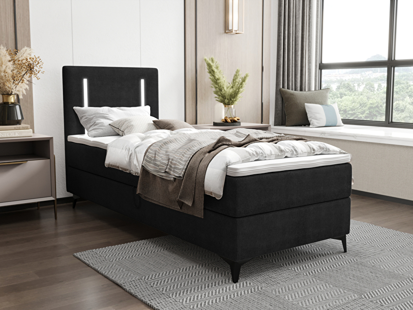 Jednolůžková postel 90 cm Ortega Comfort (černá) (s roštem a matrací, bez úl. prostoru) (s LED osvětlením)