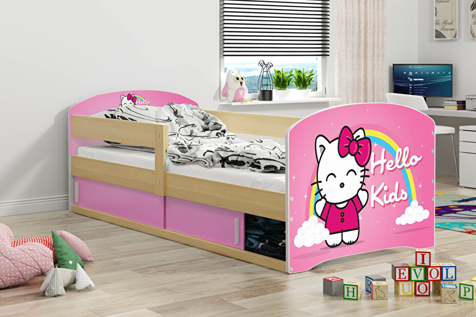 Dětská postel 80 x 160 cm Lukan (borovice + vzor hello kids) (s roštem, matrací a úl. prostorem)