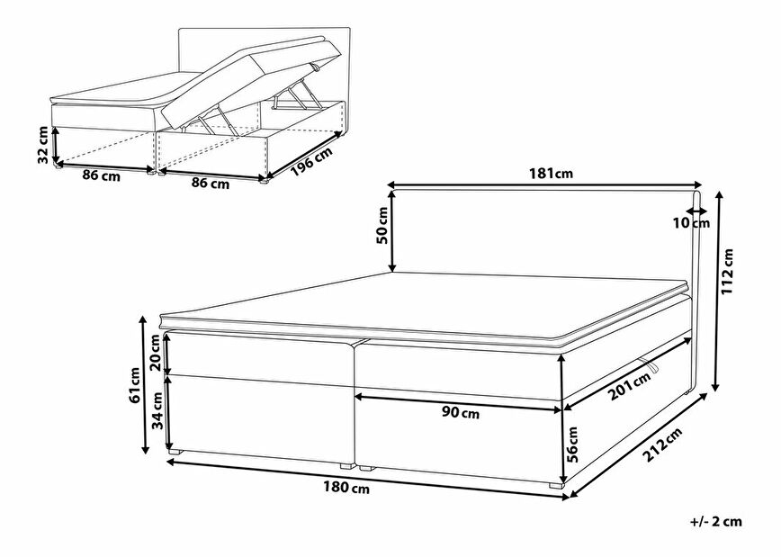 Manželská postel Boxspring 180 cm SENNOR (s matracemi a úl. prostorem) (šedá)