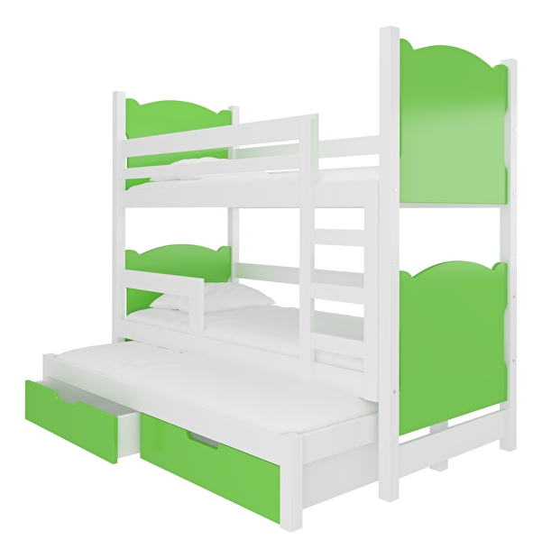 Patrová dětská postel 180x75 cm Lukrece (s roštem a matrací) (bílá + zelená)