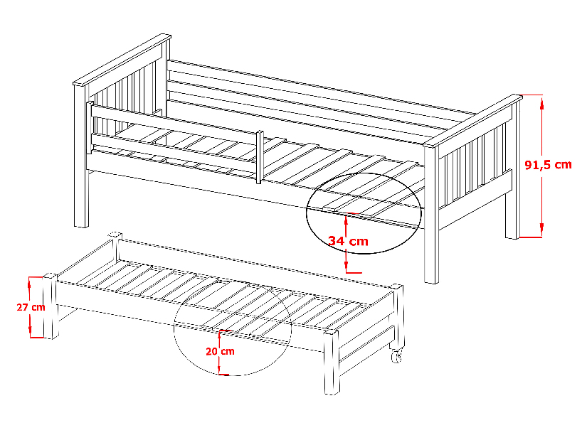 Dětská postel 90 cm TOYA (s roštem a úl. prostorem) (bílá)
