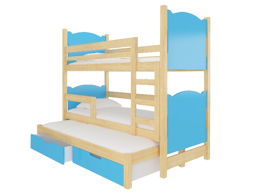 Patrová dětská postel 180x75 cm Lukrece (s roštem a matrací) (borovice + modrá)