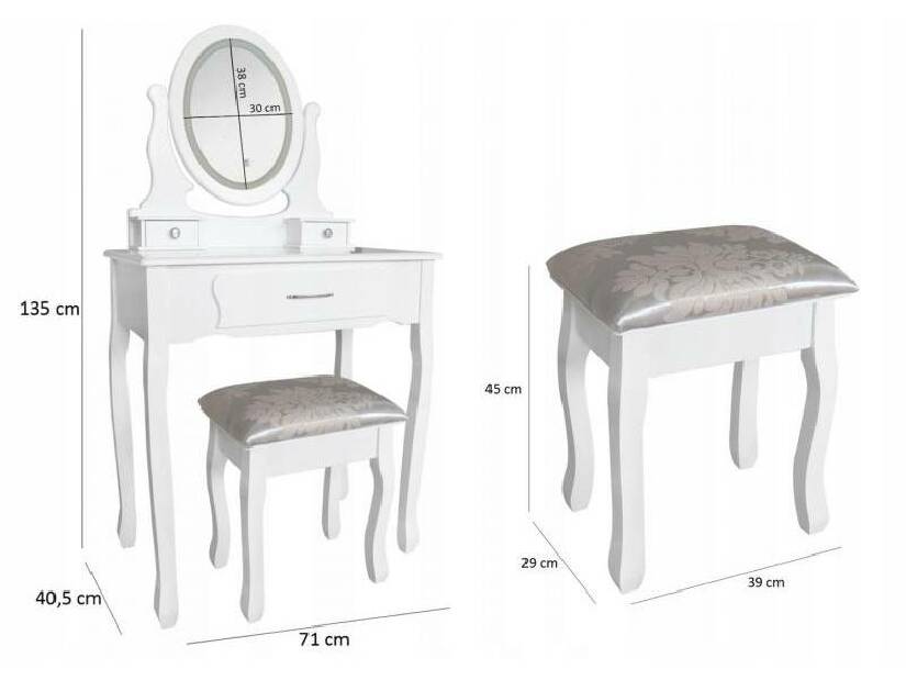 Toaletní stolek s taburetkou Sophiina (s LED osvětlením) (bílá)