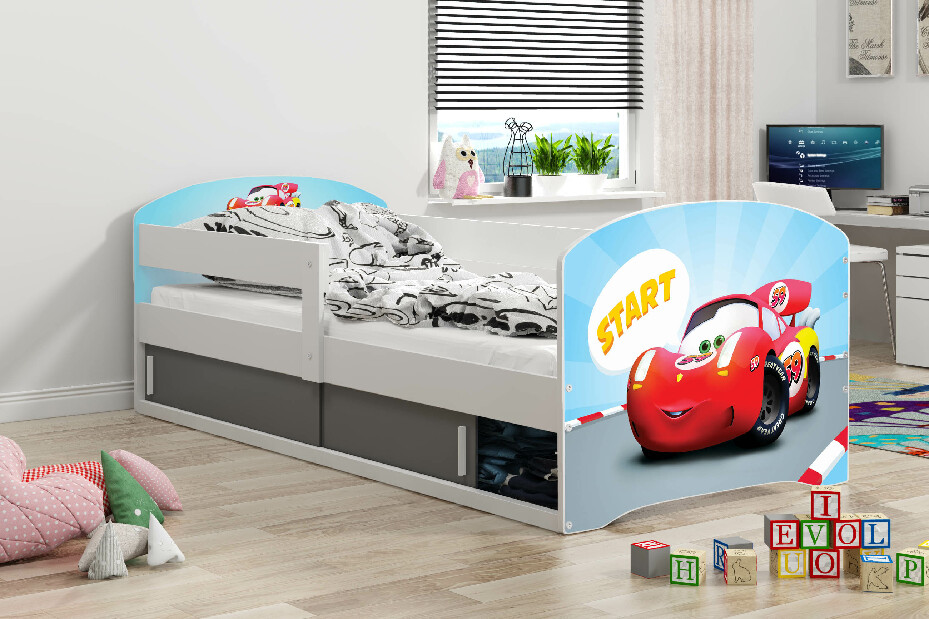 Dětská postel 80 x 160 cm Lukan (bílá + vzor cars) (s roštem, matrací a úl. prostorem)