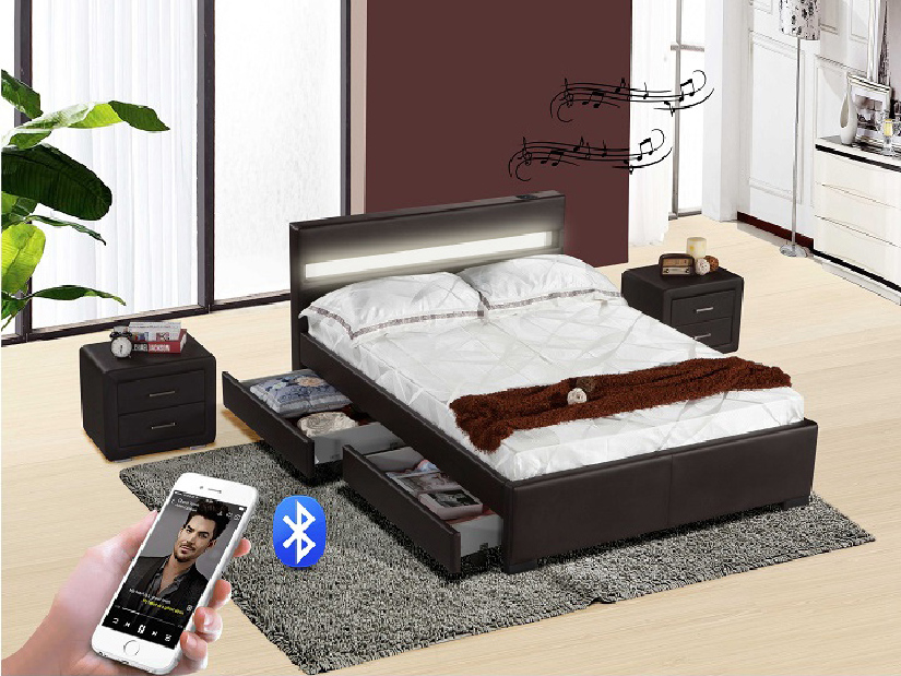 Manželská postel 180 cm Fabala (s roštem, úl. prostorem a LED)