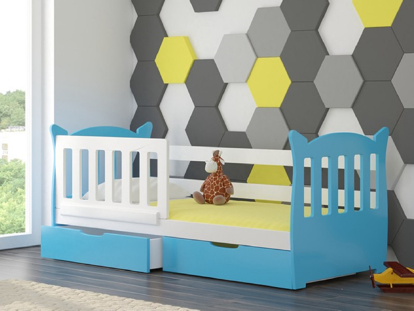 Dětská postel 160x75 cm Lenka (s roštem a matrací) (bílá + modrá)