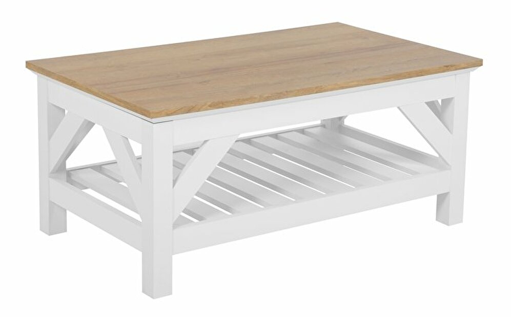 Konferenční stolek Seville (bílá) (s deskou z přírodního dřeva)