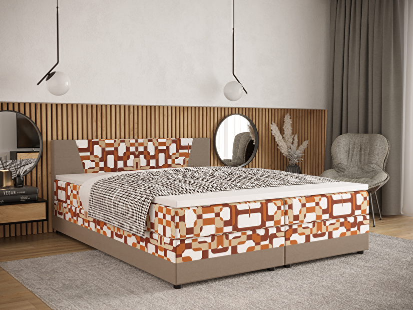 Manželská postel Boxspring 180 cm Linda Comfort (vzor + světle hnědá) (s matrací a úložným prostorem)